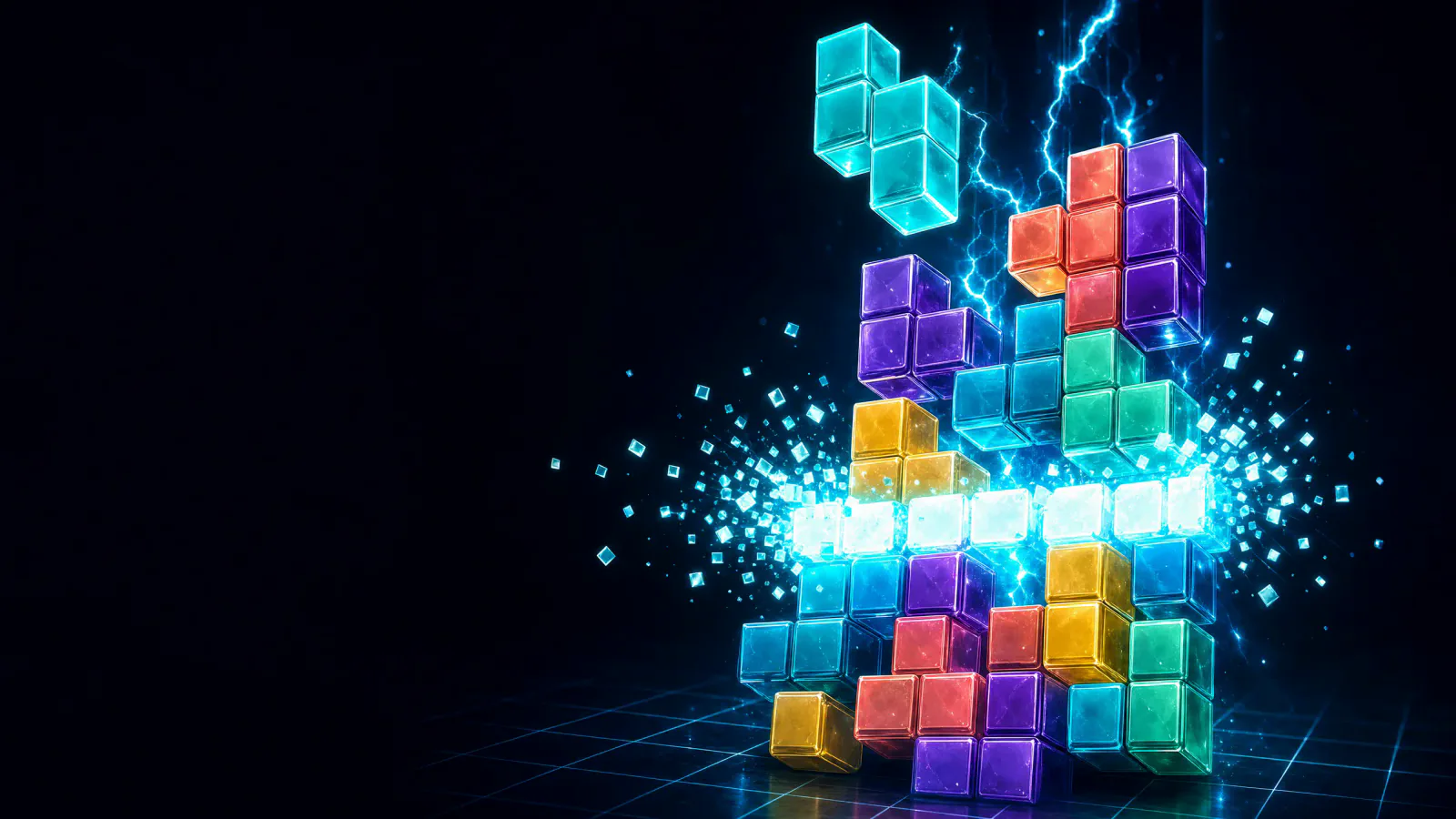 Kolorowe klocki Tetris Brain Melter eksplodujące światłem nad cyfrową planszą